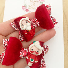 Load image into Gallery viewer, Mr and Mrs Claus pigtail bows - clip set - Christmas glitter bows