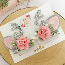 Load image into Gallery viewer, Pink and silver stand up reindeer antler clips
