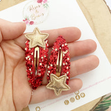 Load image into Gallery viewer, Red and gold star scalloped snap clip set