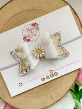 Load image into Gallery viewer, Daisy Hair Bow - Glitter, Transparent and Leatherette Headband or Clip
