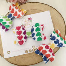 Load image into Gallery viewer, Bright Rainbow Heart Glitter Valentine’s Day Hair Bow Headband or Clip