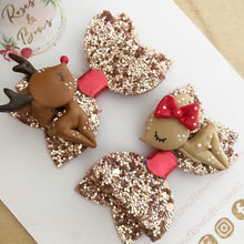 Load image into Gallery viewer, Mr and Mrs Reindeer Pigtail Set - clip set - Christmas glitter bow clips