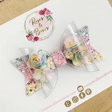 Load image into Gallery viewer, Rainbow Flower Transparent Glitter Bow Headband or Clip