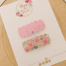 Load image into Gallery viewer, Pink floral scalloped snap clip set