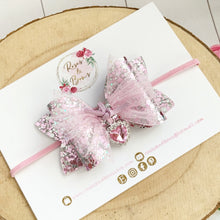 Load image into Gallery viewer, Pink and Silver Tulle Heart Charm Valentine’s Day Hair Bow Headband or Clip