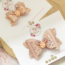 Load image into Gallery viewer, Peach Bunny Ear Glitter and Rhinestone Hair Bow Headband or clip