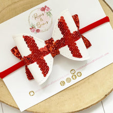 Load image into Gallery viewer, England flag leatherette and Glitter Bow Headband or Clip