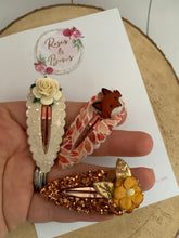 Load image into Gallery viewer, Autumn Fall Fox scalloped snap clip set Liberty Fabric and Glitter