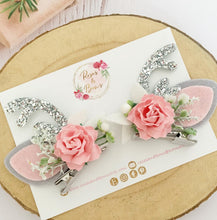 Load image into Gallery viewer, Pink and silver stand up reindeer antler clips