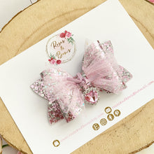 Load image into Gallery viewer, Pink and Silver Tulle Heart Charm Valentine’s Day Hair Bow Headband or Clip
