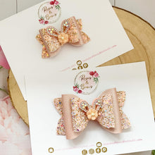 Load image into Gallery viewer, Peach Bunny Ear Glitter and Rhinestone Hair Bow Headband or clip