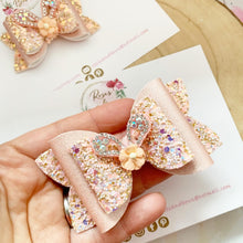 Load image into Gallery viewer, Peach Bunny Ear Glitter and Rhinestone Hair Bow Headband or clip