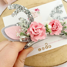 Load image into Gallery viewer, Pink and silver stand up reindeer antler clips