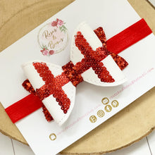 Load image into Gallery viewer, England flag leatherette and Glitter Bow Headband or Clip