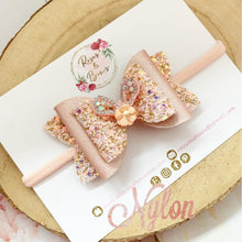 Load image into Gallery viewer, Peach Bunny Ear Glitter and Rhinestone Hair Bow Headband or clip