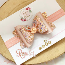 Load image into Gallery viewer, Peach Bunny Ear Glitter and Rhinestone Hair Bow Headband or clip