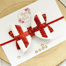 Load image into Gallery viewer, England flag leatherette and Glitter Bow Headband or Clip
