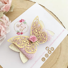 Load image into Gallery viewer, Pink and Gold Butterfly Glitter Bow Headband or Clip