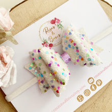 Load image into Gallery viewer, White Rainbow Heart Glitter Valentine’s Day Hair Bow Headband or Clip