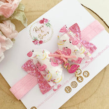 Load image into Gallery viewer, Flamingo and unicorn Transparent Hair Bow Headband or Clip