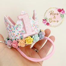 Load image into Gallery viewer, Rainbow birthday crown - glitter party hat - cake smash prop - birthday accessory