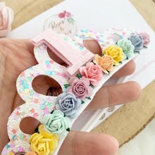 Load image into Gallery viewer, Birthday tiara, rainbow glitter tiara - birthday accessory - custom ages