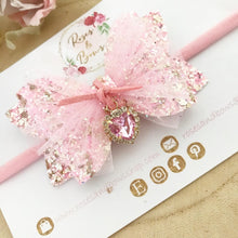 Load image into Gallery viewer, Pink Heart Glitter Tulle Valentine’s Day Hair Bow Headband or Clip