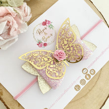 Load image into Gallery viewer, Pink and Gold Butterfly Glitter Bow Headband or Clip