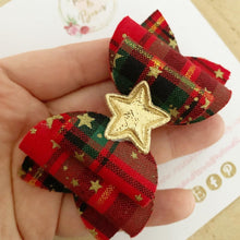 Load image into Gallery viewer, Christmas red tartan and gold star Hair Bow Headband or Clip