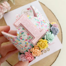 Load image into Gallery viewer, Rainbow birthday crown - glitter party hat - cake smash prop - birthday accessory