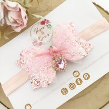 Load image into Gallery viewer, Pink Heart Glitter Tulle Valentine’s Day Hair Bow Headband or Clip