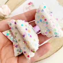 Load image into Gallery viewer, White Rainbow Heart Glitter Valentine’s Day Hair Bow Headband or Clip