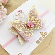 Load image into Gallery viewer, Pink and Gold Butterfly Glitter Bow Headband or Clip