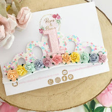 Load image into Gallery viewer, Birthday tiara, rainbow glitter tiara - birthday accessory - custom ages