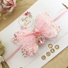Load image into Gallery viewer, Pink Heart Glitter Tulle Valentine’s Day Hair Bow Headband or Clip