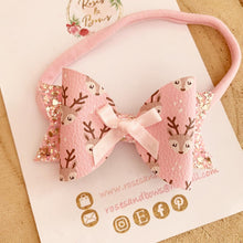 Load image into Gallery viewer, Pink reindeer Hair Bow Headband or Clip