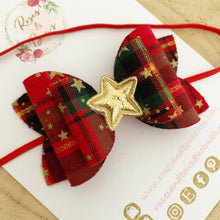 Load image into Gallery viewer, Christmas red tartan and gold star Hair Bow Headband or Clip