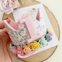 Load image into Gallery viewer, Rainbow birthday crown - glitter party hat - cake smash prop - birthday accessory