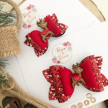 Load image into Gallery viewer, Red and Gold Star Reindeer Glitter Hair Bow Headband or Clip