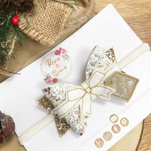 Load image into Gallery viewer, White and Gold Christmas Present Hair Bow Headband or Clip