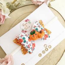 Load image into Gallery viewer, Pumpkin Patch Glitter Bow Headband or Clip