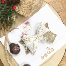 Load image into Gallery viewer, White and Gold Christmas Present Hair Bow Headband or Clip