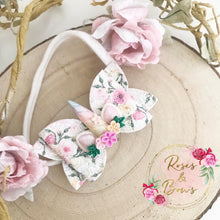 Load image into Gallery viewer, Lace Floral Unicorn Horn Hair Bow Headband or Clip