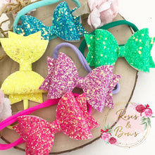Load image into Gallery viewer, Bright Neon Florescent Glitter Hair Bow Headband or Clip