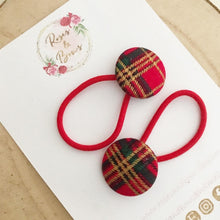 Load image into Gallery viewer, Red Tartan Bobble Hair Ties Set of 2 on
