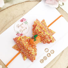 Load image into Gallery viewer, Pumpkin Halloween Glitter Bow Headband or Clip