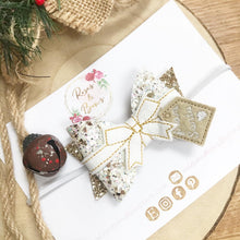 Load image into Gallery viewer, White and Gold Christmas Present Hair Bow Headband or Clip