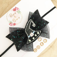 Load image into Gallery viewer, Black Witches Hat Glow in the Dark Halloween Glitter Bow Headband or Clip