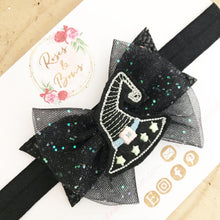 Load image into Gallery viewer, Black Witches Hat Glow in the Dark Halloween Glitter Bow Headband or Clip