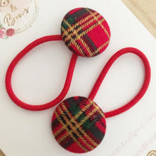 Load image into Gallery viewer, Red Tartan Bobble Hair Ties Set of 2 on